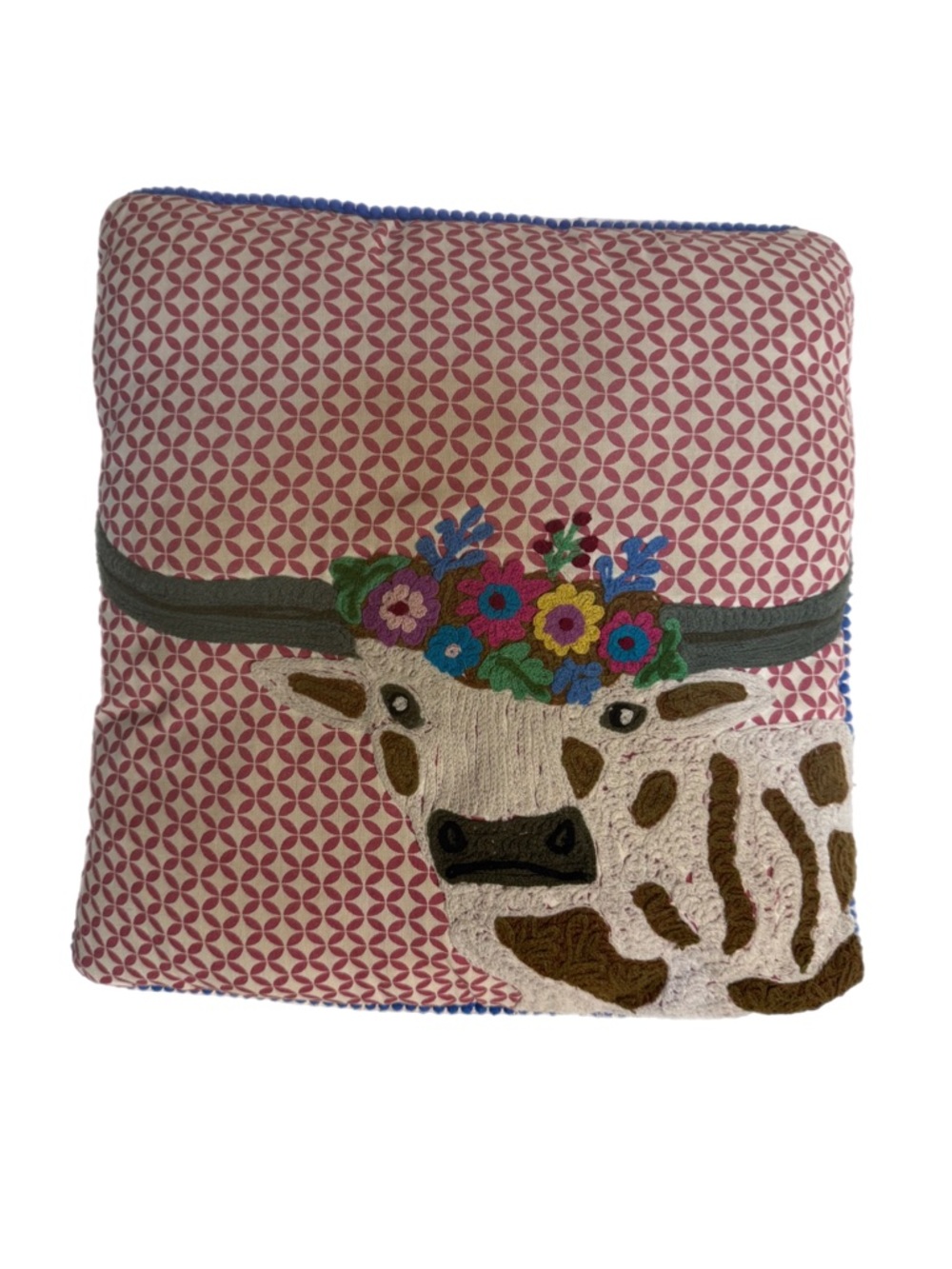 Karma Living Pink Cow Embroidered 15” Square Modern Western Boho Accent Pillow